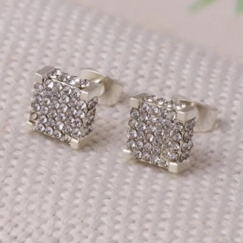 WHITE GOLD PLATED MICRO PAVE DIAMOND SQUARE UNISEX STUD EARRINGS